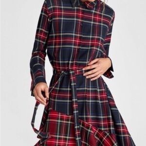Zara Red and Blue Plaid Long Sleeve Dress S